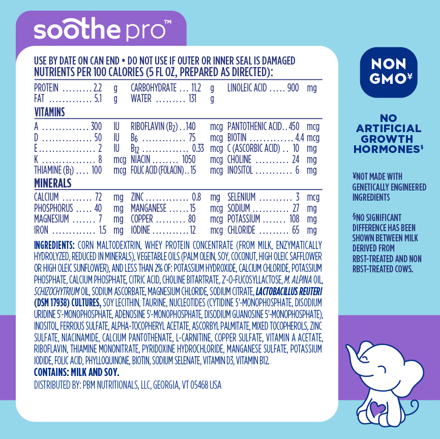 The back of a Soothe Pro label that shows nutrition and ingredient information